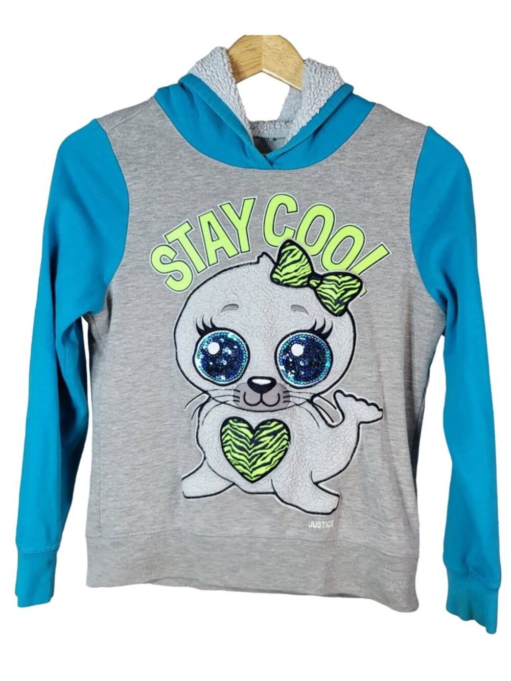 Justice Girls Sparkle Hoodie Gray SZ 14 Sherpa Long Sleeve Stay Cool Pullover